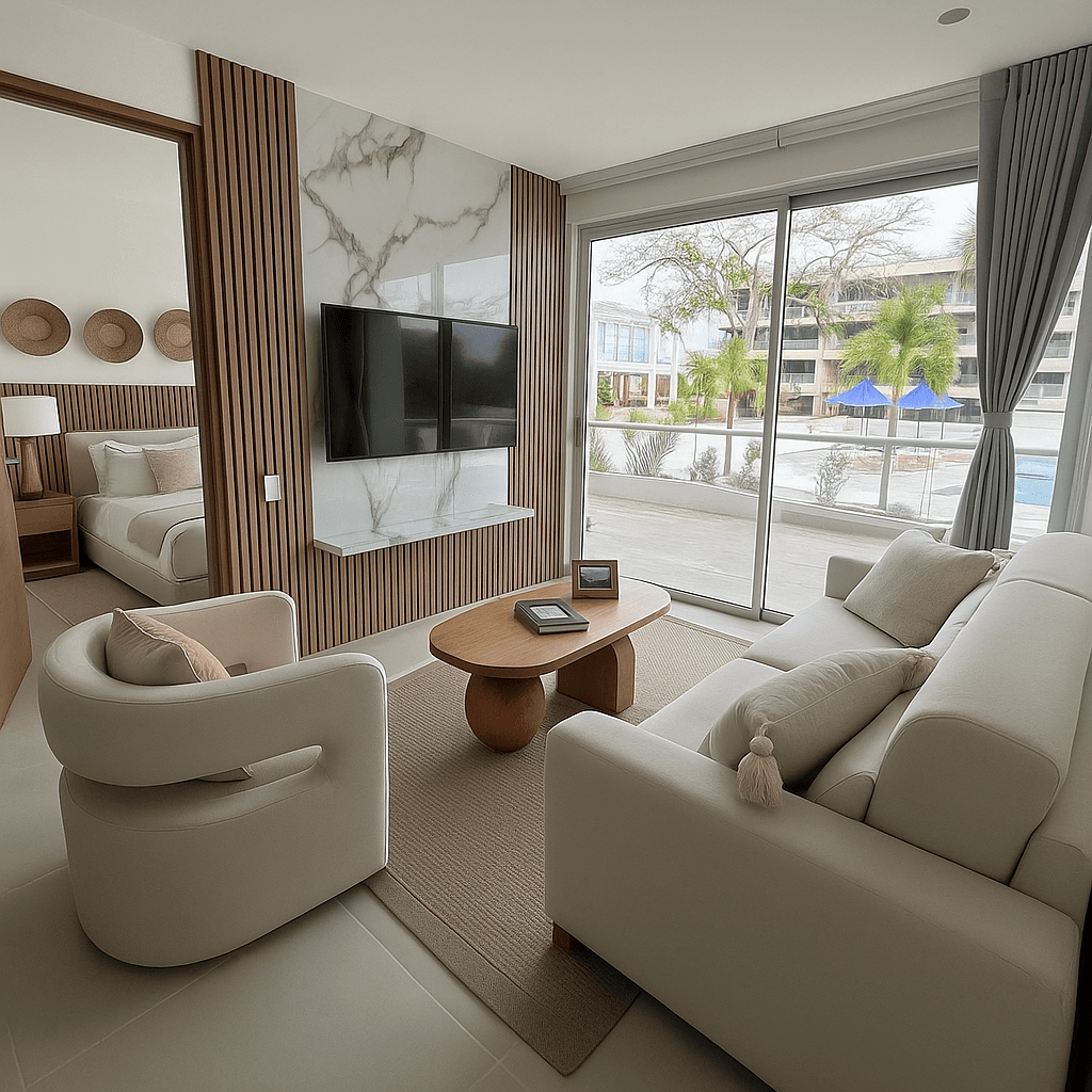 Sala completa con muro de listones de madera y mármol detrás del TV, sofá blanco y sillas tapizadas