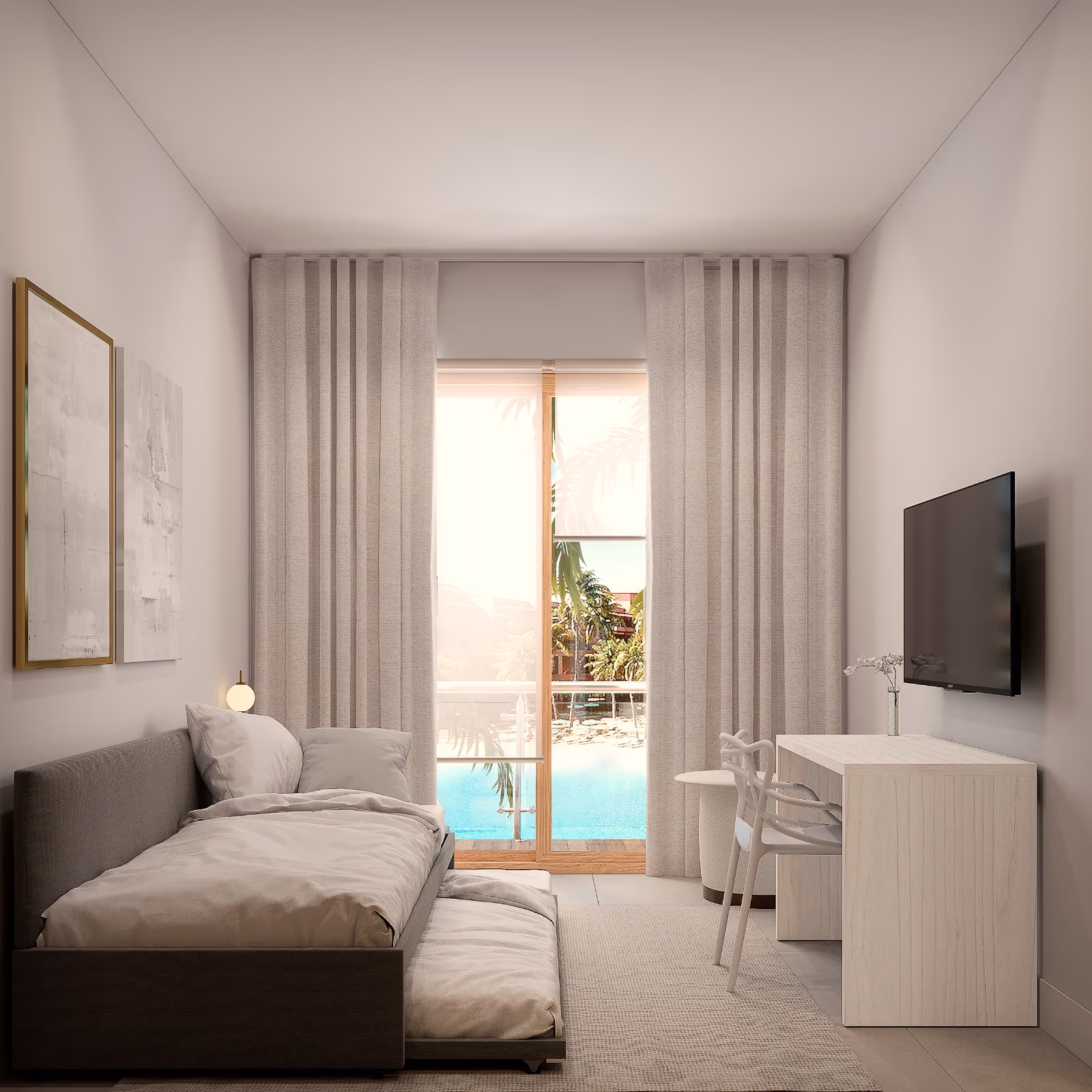 Habitación con cama individual y escritorio frente a la ventana