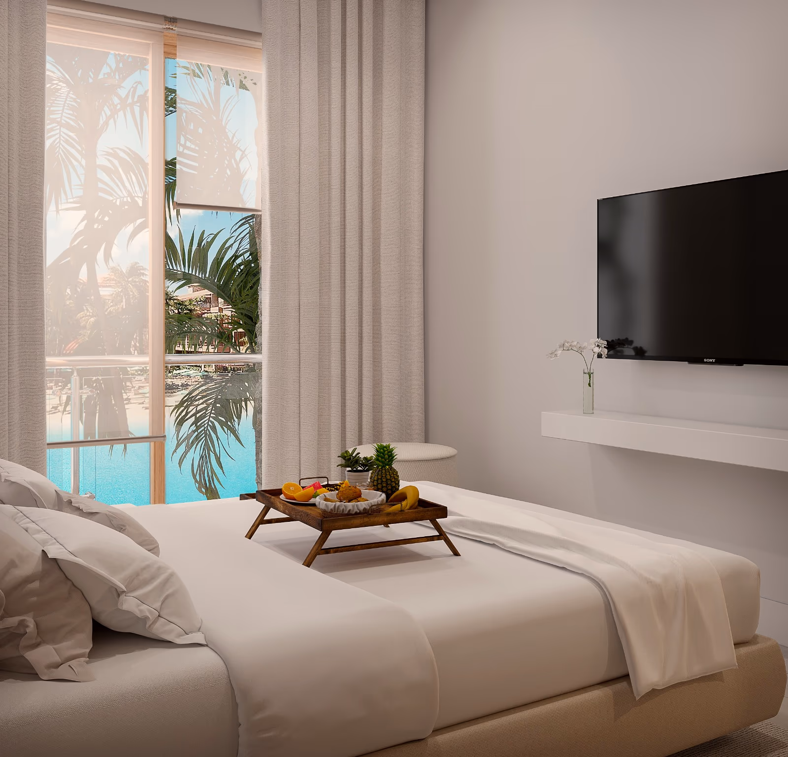 Cama con bandeja de desayuno servida y vista a las palmeras