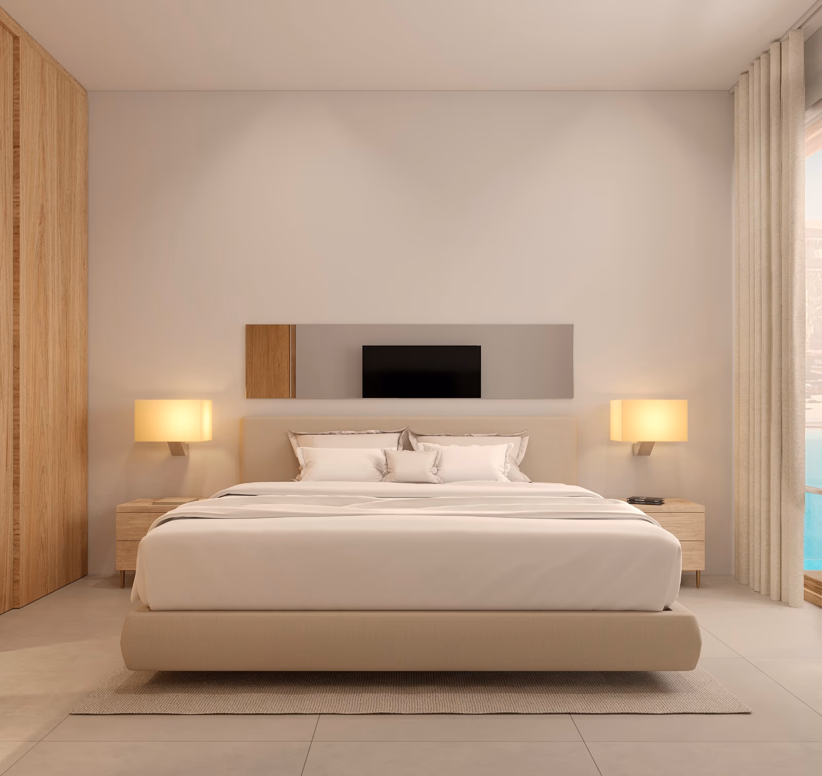 Habitación con cabecera de madera y TV montado al frente